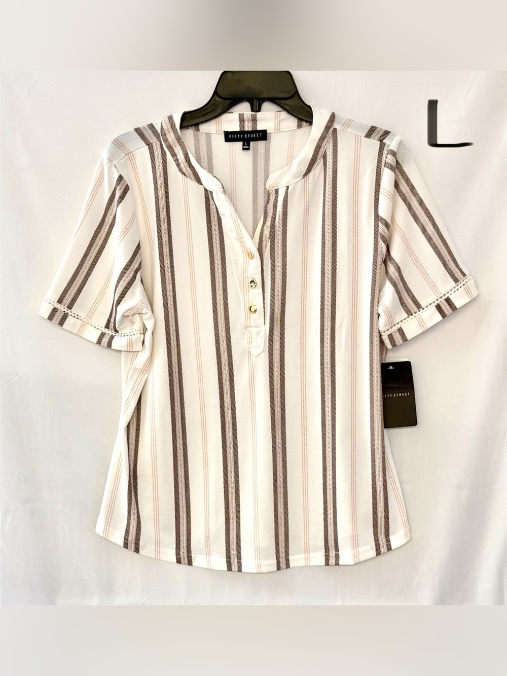 Fifth + Spring Cream Striped Short Sleeve Henley Blouse